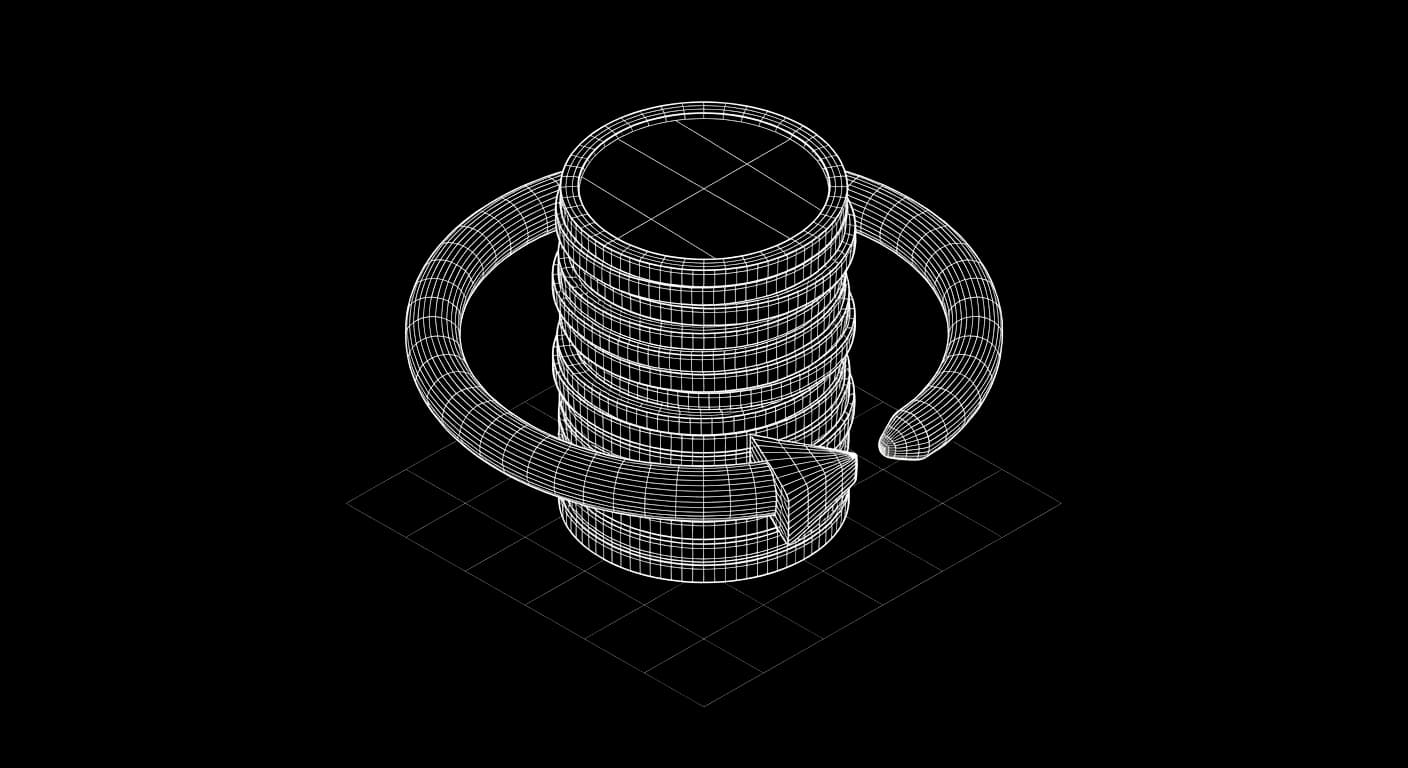 Isometric wireframe of a stack of coins wrapped by a recurring arrow