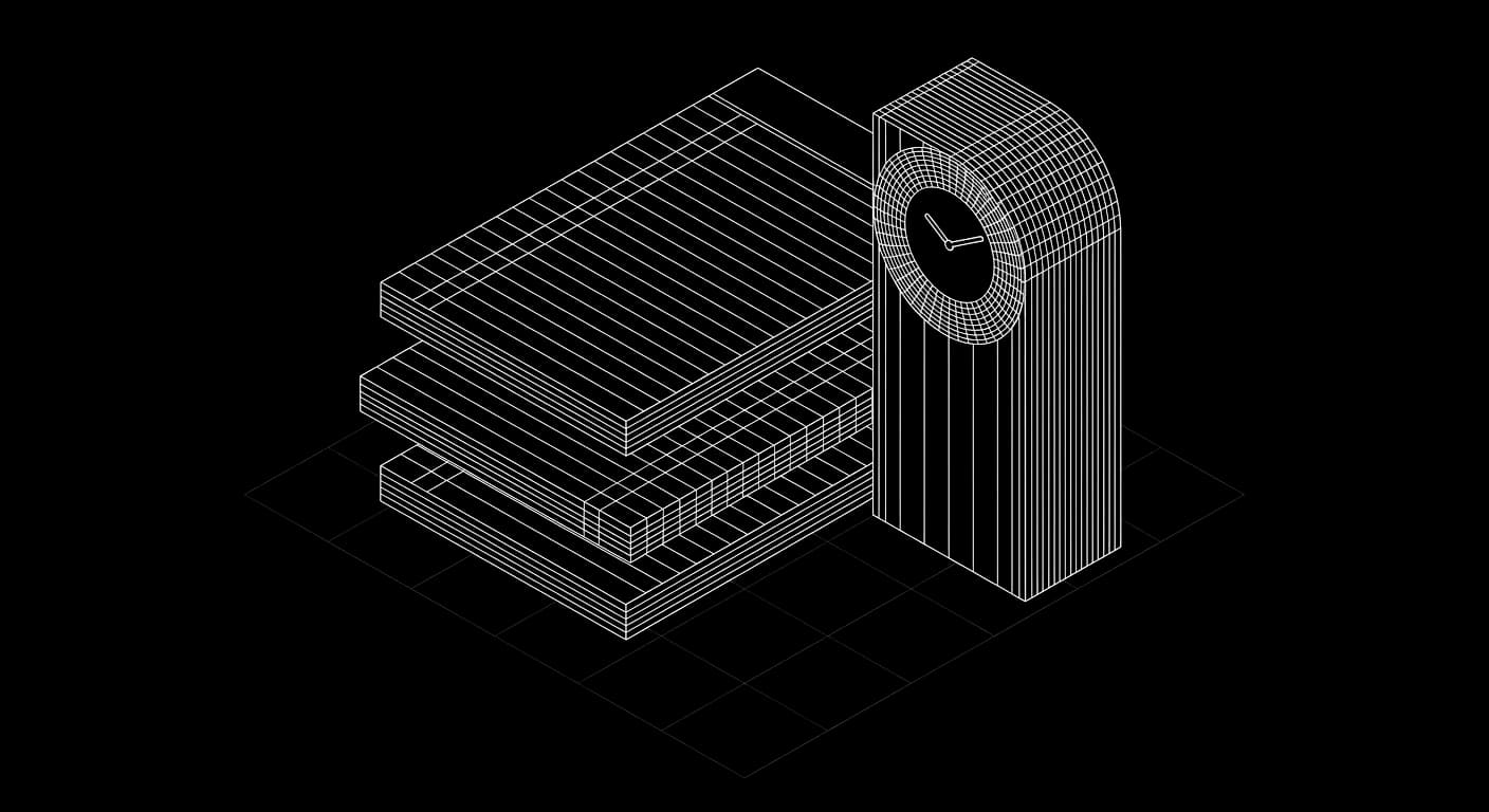 Isometric wireframe of offset ledger records beside a clock tower